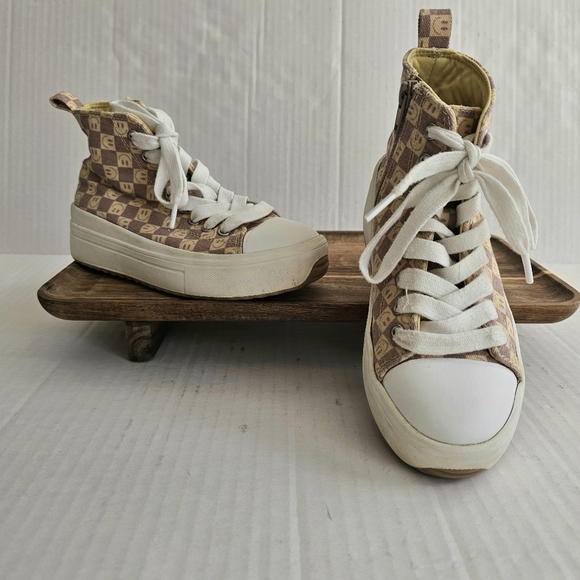 Art Class Hi Top Sneakers Size Youth 1 Smiley Face Checkerboard Lace Up Zipper - Picture 1 of 14